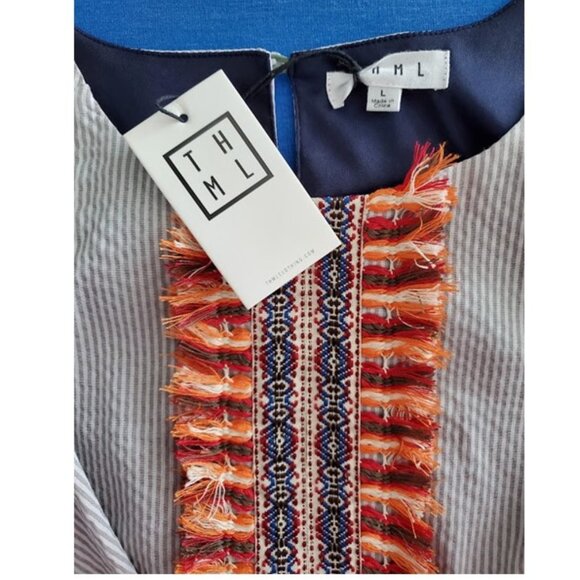 NWT THML Boho Tie-Front Mini Dress Tassel Embroidered A-Line Sundress Sz L Girly - Picture 3 of 8